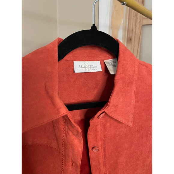 Studio Works Button Down Women Suede Shirt Autumn Orage Collared sz Petite M - Picture 7 of 8
